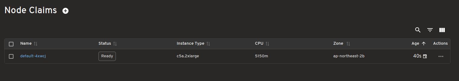 Node claims data including Name, Status, Instance Type, CPU, Zone, Age, and Actions